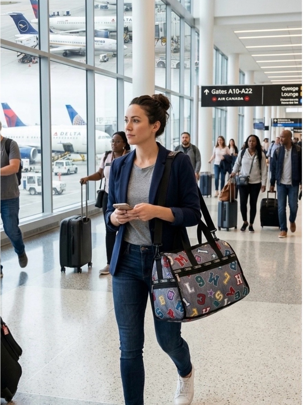 LeSportsac Gray Duffel with Multicolor Varsity Letter Accents